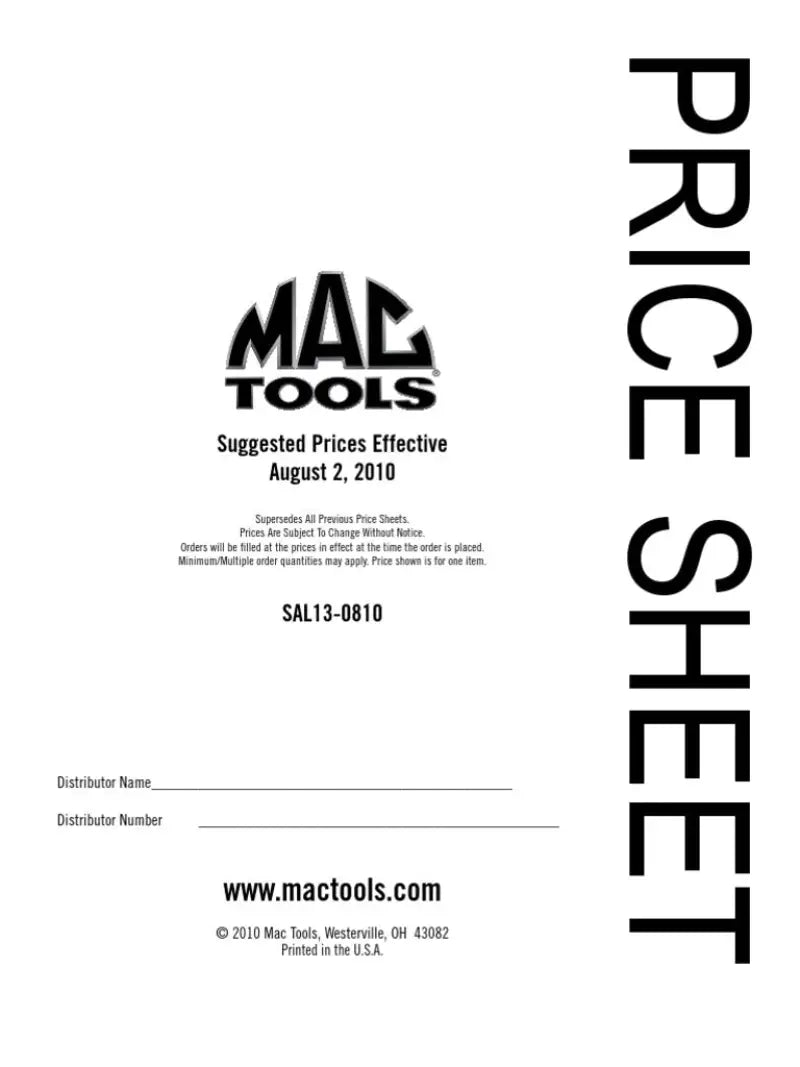 Mac Tools price sheet for key auto rubber dust plug and rubber dust accessories