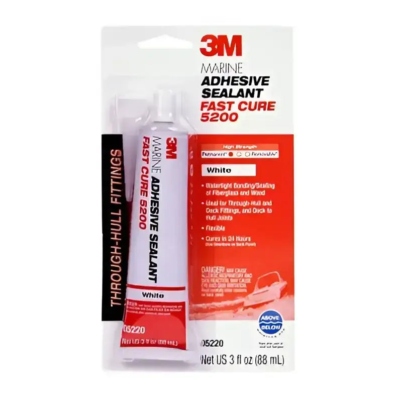 3M Marine Adhesive Sealant 5200 Fast Cure, model 05220, in packaging, shown in white tube with 88mL content, designed for waterproof sealing and strong bonding of marine materials.