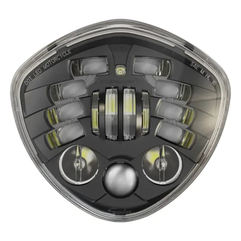 Black and clear LED motorcycle headlight with victory adaptive LED feature adaptive technology