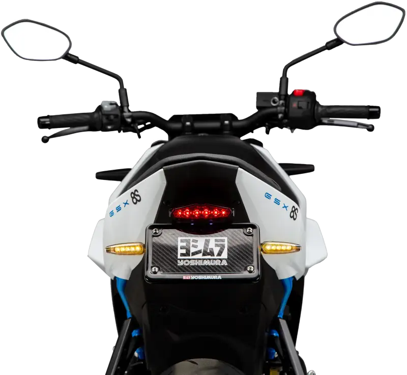 White and blue Suzuki GSX-8S with Yoshimura Fender Eliminator Kit for sleek look