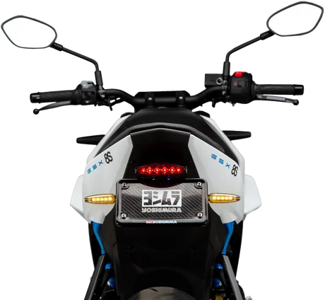 White and blue Suzuki GSX-8S with Yoshimura Fender Eliminator Kit for sleek look