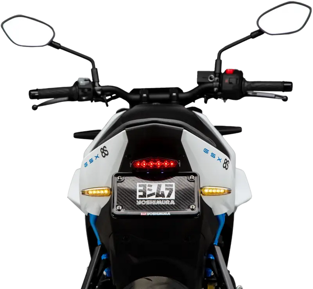 White and blue Suzuki GSX-8S with Yoshimura Fender Eliminator Kit for sleek look