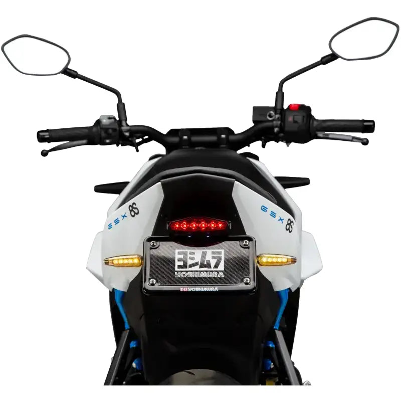 White and blue Suzuki GSX-8S with Yoshimura Fender Eliminator Kit for sleek look