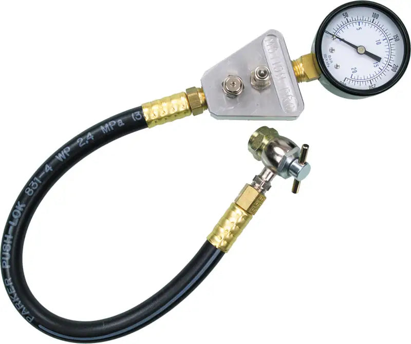 Automotive pressurizing shock gauge by Motion Pro with hose and valve for testing