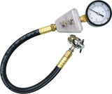 Automotive pressurizing shock gauge by Motion Pro with hose and valve for testing