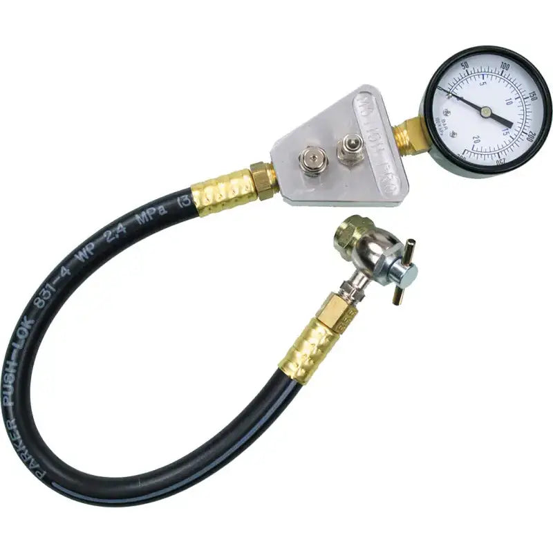 Automotive pressurizing shock gauge by Motion Pro with hose and valve for testing