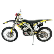 Yellow and black dirt bike with number 505 featuring PSR adjustable forged aluminum kick stand