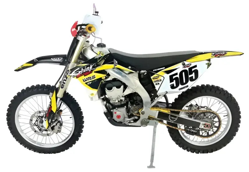 Yellow and black dirt bike with number 505, forged aluminum off-road kick stand