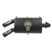 Black dual exhaust muffler with flaming skull emblem for Pol Blk RZR Turbo performance slip-on