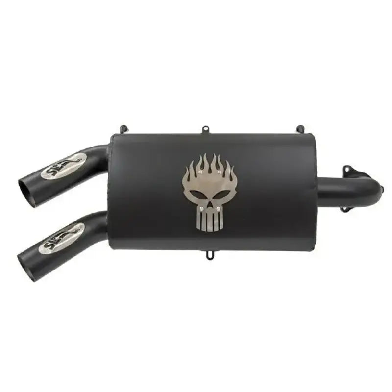 Black dual exhaust muffler with flaming skull emblem for Pol Blk RZR Turbo performance slip-on