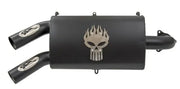 Black dual exhaust muffler with flaming skull emblem for Pol Blk RZR Turbo performance slip-on