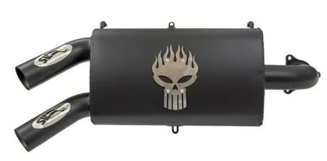 Black dual exhaust muffler with flaming skull emblem for Pol Blk RZR Turbo performance slip-on