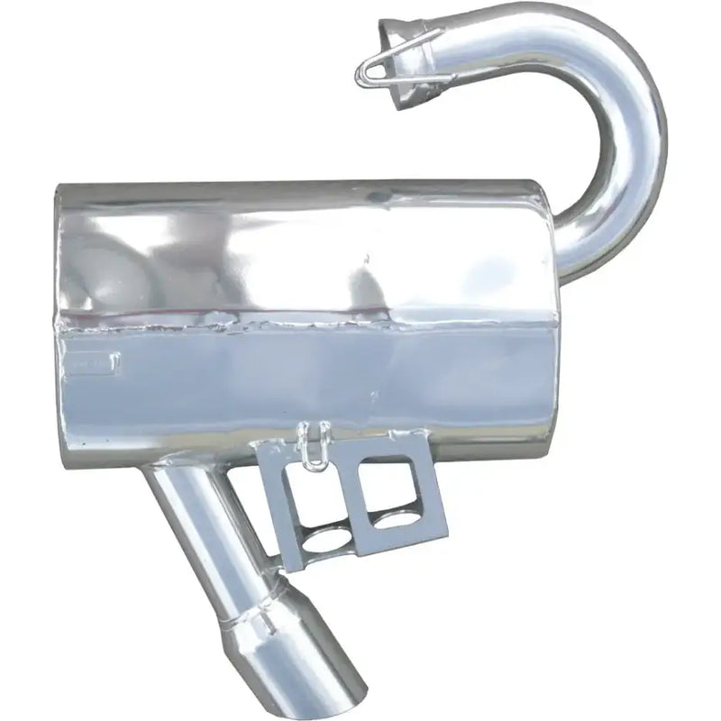 Shiny chrome silencer pol with curved inlet, angled outlet, mounting brackets, lightweight design