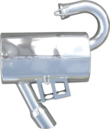 Shiny chrome silencer pol with curved inlet, angled outlet, mounting brackets, lightweight design