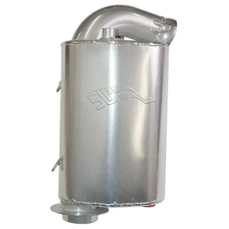 Silver metallic lightweight silencer with curved pipe outlet for RV parts & accessories
