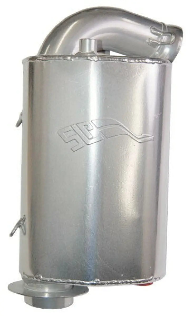 Silver metallic lightweight silencer with curved pipe outlet for RV parts & accessories