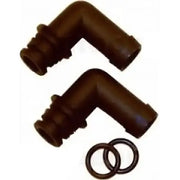Two black 90-degree Klicktite port connectors compatible with 3/4' hoses from Johnson Pump, including two O-rings for secure marine plumbing installation.