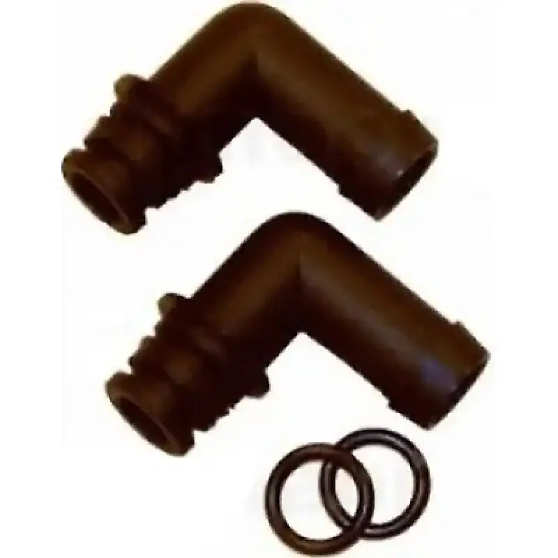 Two black 90-degree Klicktite port connectors compatible with 3/4' hoses from Johnson Pump, including two O-rings for secure marine plumbing installation.