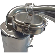 Shiny stainless steel single pipe pol container with hinged lid and curved spout