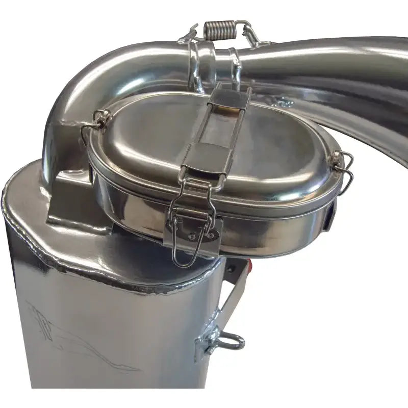 Shiny stainless steel single pipe pol container with hinged lid and curved spout
