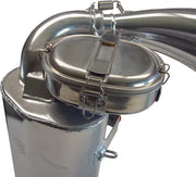 Shiny stainless steel single pipe pol container with hinged lid and curved spout