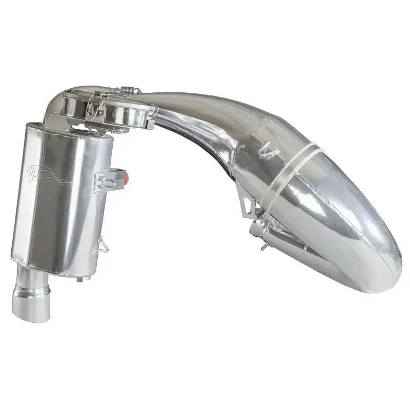 Polished aluminum single pipe snowmobile exhaust with trail chef mount and silencer