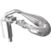 Shiny metallic single pipe exhaust system with Trail Chef mount for Trail Chef bikes