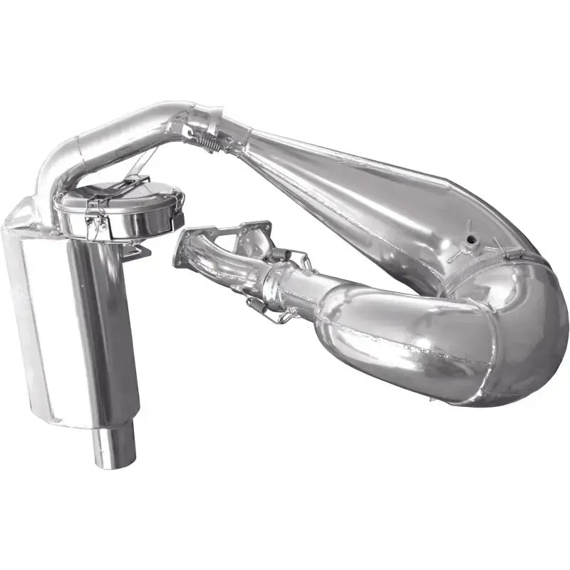 Shiny metallic single pipe exhaust system with Trail Chef mount for Trail Chef bikes