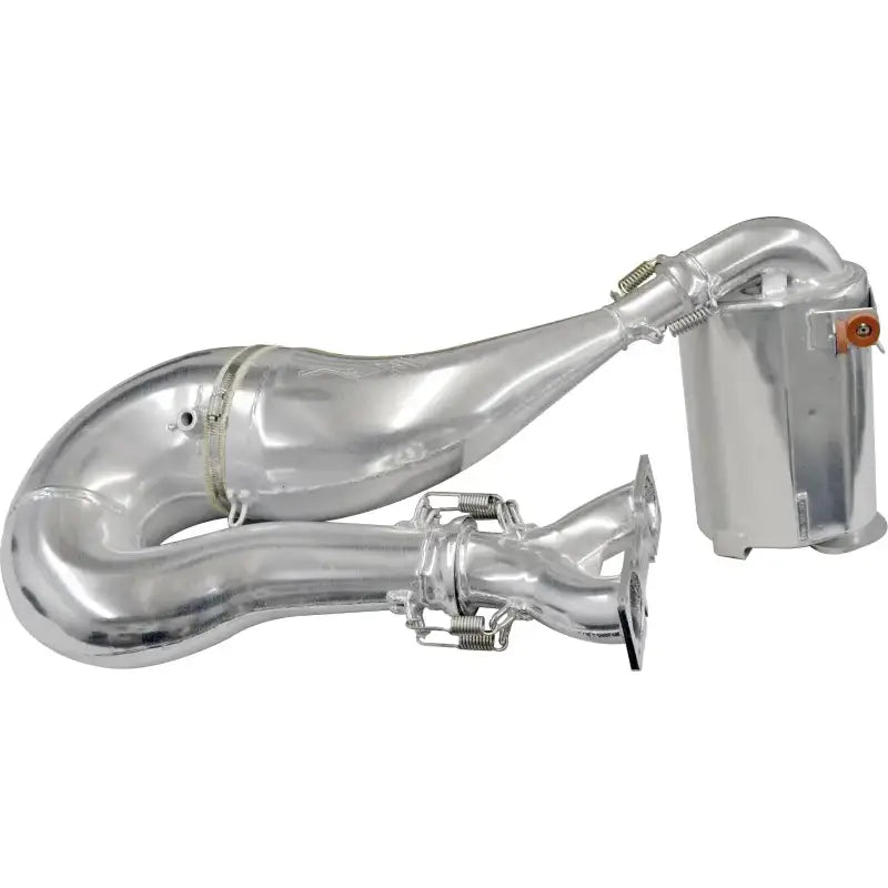 Silver-colored single pipe snowmobile exhaust with SLP advanced silencing tech for XP models