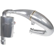 Silver-colored single pipe Pol 800 snowmobile exhaust system with muffler and tuned pipe