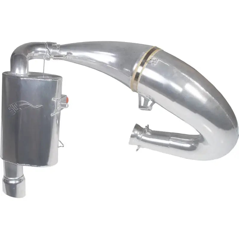 Silver-colored single pipe Pol 800 snowmobile exhaust system with muffler and tuned pipe