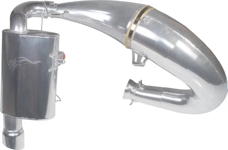 Silver-colored single pipe Pol 800 snowmobile exhaust system with muffler and tuned pipe
