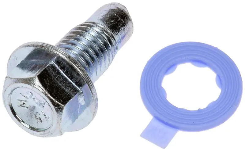 Silver bolt with blue washer oil drain plug for easy oil drain replacement