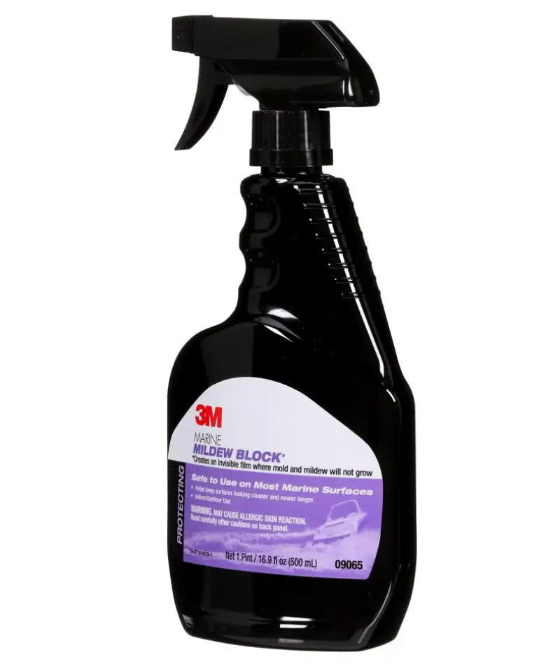 Black spray bottle of Marine Mildew Block for fighting mildew on boats