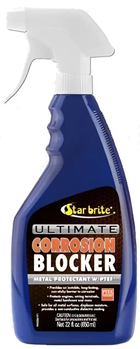 Blue spray bottle of 095422C Star Brite Ult Corrosion Blocker 22Oz for rust protection