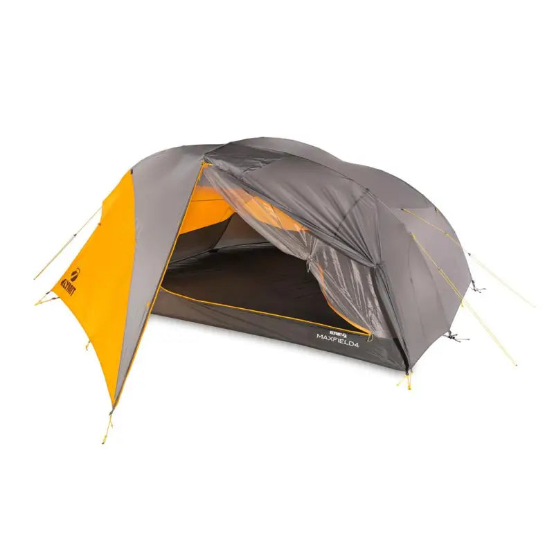 Two-tone gray and orange dome tent with open entrance from 09M4OR01D Klymit Tents