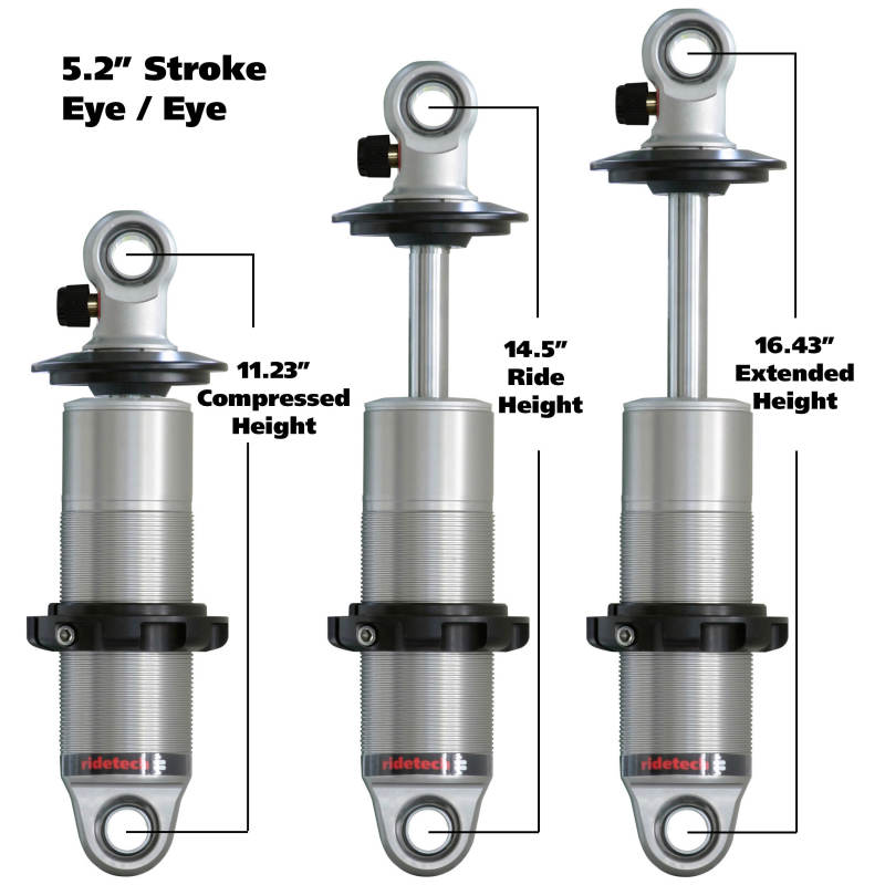 Ridetech 24159901 Ridetech HQ Series CoilOver Shock 5.2in Travel 2.5in Coil Eye/Eye Mounting 11.225inx16.425in
