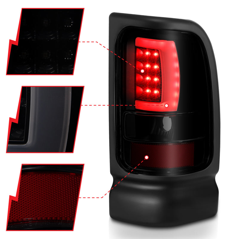 ANZO 311340 ANZO 1994-2001 Dodge Ram 1500 LED Taillights Plank Style Black w/Smoke Lens