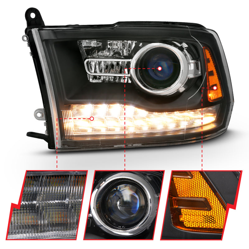 ANZO 111489 ANZO 2009-2018 Dodge Ram 1500 Projector Headlights Plank Style Halo w/Switchback Matte Black