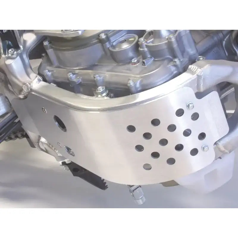 Silver motorcycle skid plate with ventilation holes for durable RV parts & accessories