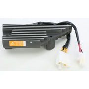 Black regulator rectifier with wires and connectors, meets OEM specifications for rectifier regulator