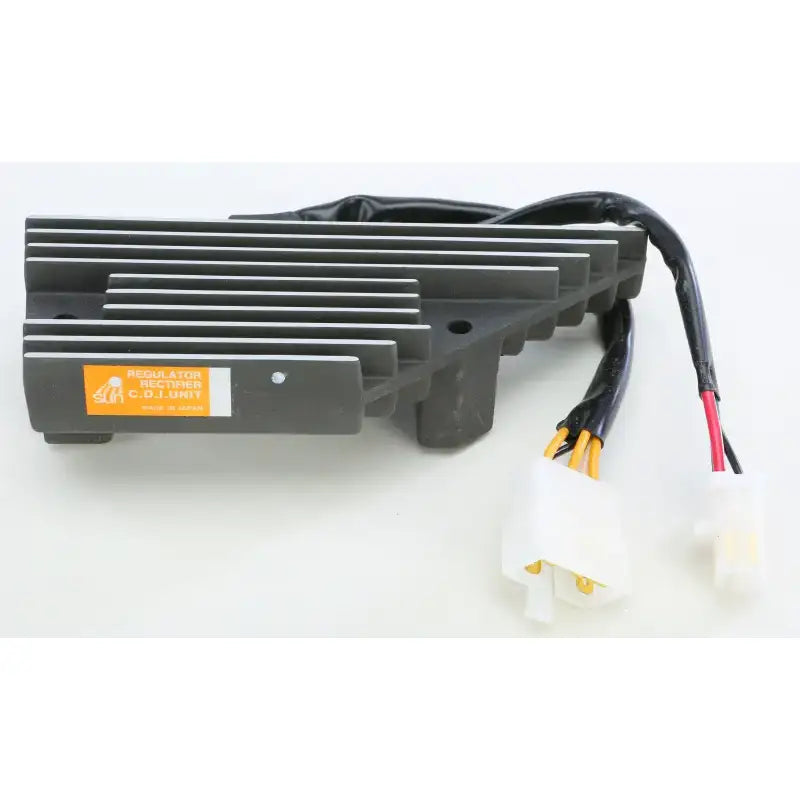 Black regulator rectifier with wires and connectors, meets OEM specifications for rectifier regulator