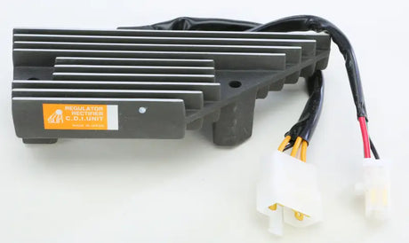 Black regulator rectifier with wires and connectors, meets OEM specifications for rectifier regulator