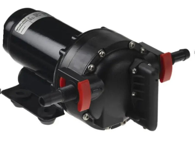 Johnson Pump Aqujet 5.2Gpm Water Press Pmp 12V for marine and RV applications, black and red design with mounting bracket.