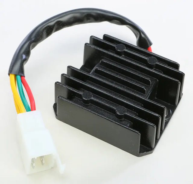 Black finned rectifier regulator with three-pin connector for vehicle’s electrical or RV parts & accessories