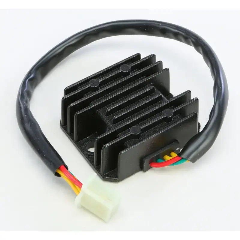 Black motorcycle regulator rectifier with heat sink fins and wiring harnesses for OEM specs