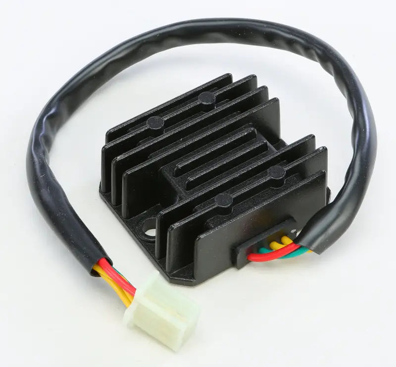 Black motorcycle regulator rectifier with heat sink fins and wiring harnesses for OEM specs