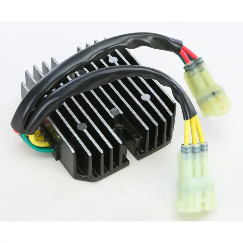 Black finned rectifier regulator with wiring harnesses for vehicle’s electrical system