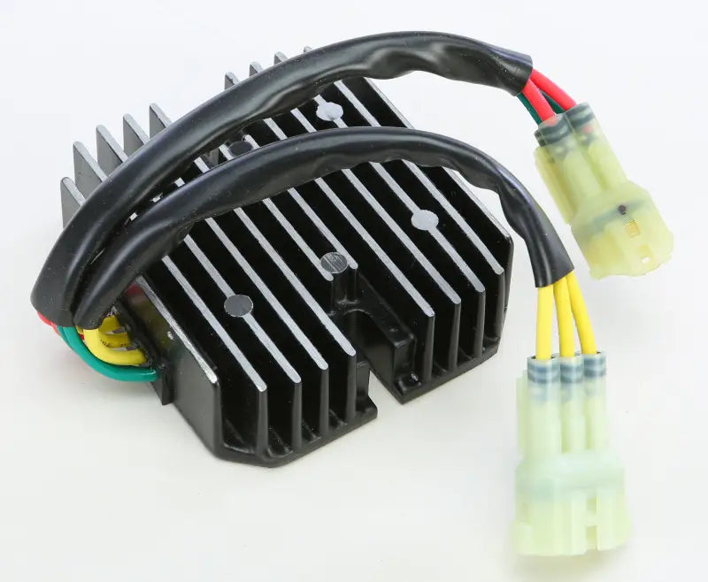 Black finned rectifier regulator with wiring harnesses for vehicle’s electrical system