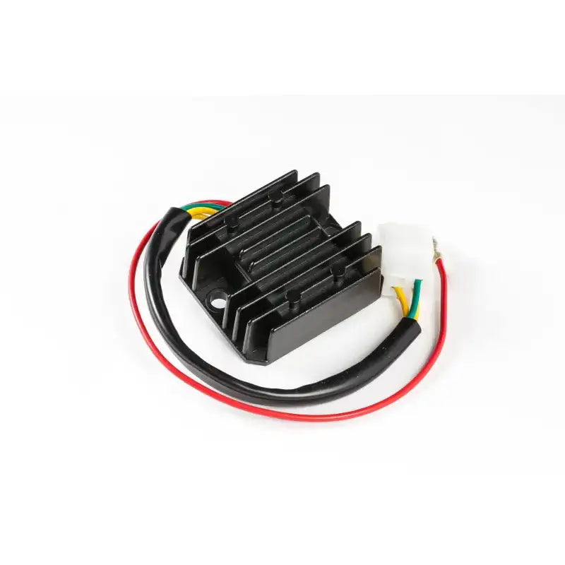 Black voltage regulator with heat sink and multi-color wiring for RV parts & accessories